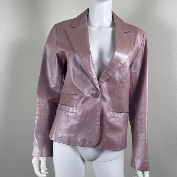 Bernardo Size M Pink Metallic Faux Leather Blazer Single Breasted Jacket Barbie - Picture 3 of 13